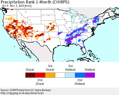 United States Precipitation Rank 1-Month (CHIRPS) Thematic Map For 10/6/2019 - 11/5/2019