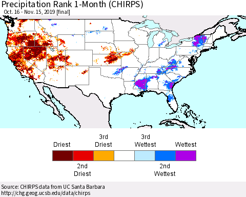 United States Precipitation Rank 1-Month (CHIRPS) Thematic Map For 10/16/2019 - 11/15/2019