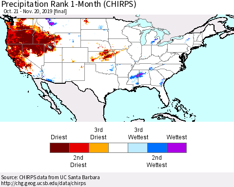 United States Precipitation Rank 1-Month (CHIRPS) Thematic Map For 10/21/2019 - 11/20/2019