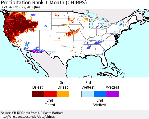 United States Precipitation Rank since 1981, 1-Month (CHIRPS) Thematic Map For 10/26/2019 - 11/25/2019