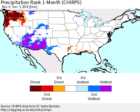 United States Precipitation Rank since 1981, 1-Month (CHIRPS) Thematic Map For 11/6/2019 - 12/5/2019
