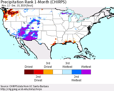 United States Precipitation Rank 1-Month (CHIRPS) Thematic Map For 11/11/2019 - 12/10/2019