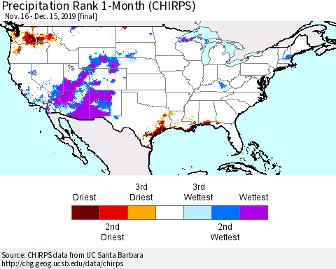 United States Precipitation Rank 1-Month (CHIRPS) Thematic Map For 11/16/2019 - 12/15/2019