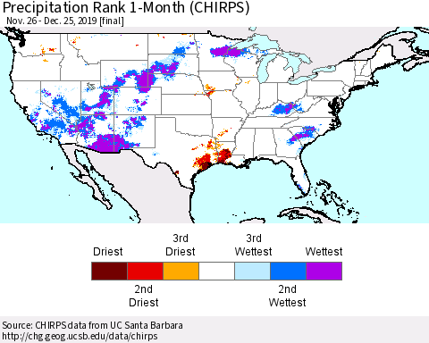 United States Precipitation Rank since 1981, 1-Month (CHIRPS) Thematic Map For 11/26/2019 - 12/25/2019