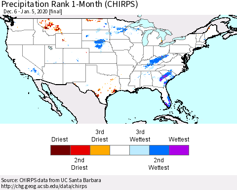 United States Precipitation Rank 1-Month (CHIRPS) Thematic Map For 12/6/2019 - 1/5/2020