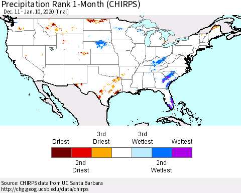 United States Precipitation Rank since 1981, 1-Month (CHIRPS) Thematic Map For 12/11/2019 - 1/10/2020