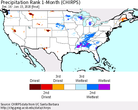 United States Precipitation Rank 1-Month (CHIRPS) Thematic Map For 12/16/2019 - 1/15/2020