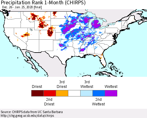 United States Precipitation Rank 1-Month (CHIRPS) Thematic Map For 12/26/2019 - 1/25/2020