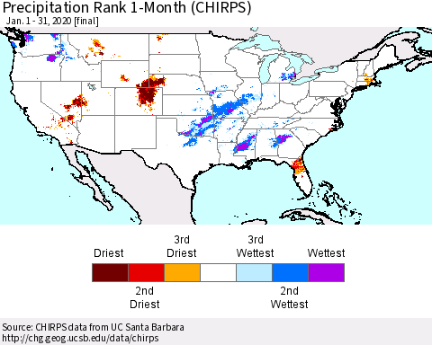United States Precipitation Rank 1-Month (CHIRPS) Thematic Map For 1/1/2020 - 1/31/2020