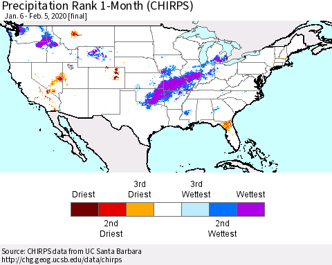 United States Precipitation Rank 1-Month (CHIRPS) Thematic Map For 1/6/2020 - 2/5/2020
