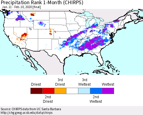 United States Precipitation Rank 1-Month (CHIRPS) Thematic Map For 1/11/2020 - 2/10/2020