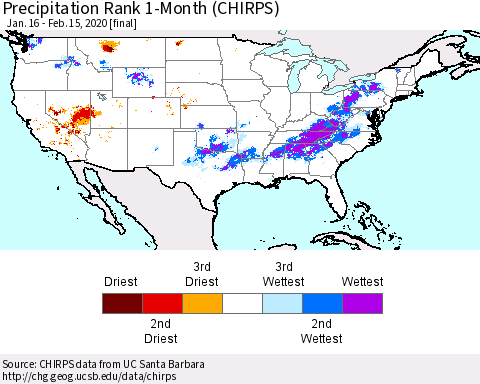 United States Precipitation Rank 1-Month (CHIRPS) Thematic Map For 1/16/2020 - 2/15/2020