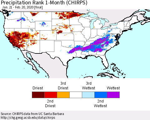 United States Precipitation Rank 1-Month (CHIRPS) Thematic Map For 1/21/2020 - 2/20/2020