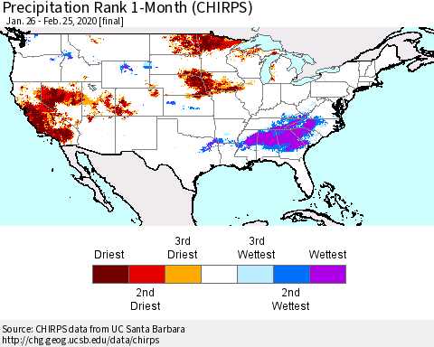 United States Precipitation Rank since 1981, 1-Month (CHIRPS) Thematic Map For 1/26/2020 - 2/25/2020