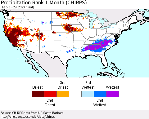 United States Precipitation Rank since 1981, 1-Month (CHIRPS) Thematic Map For 2/1/2020 - 2/29/2020