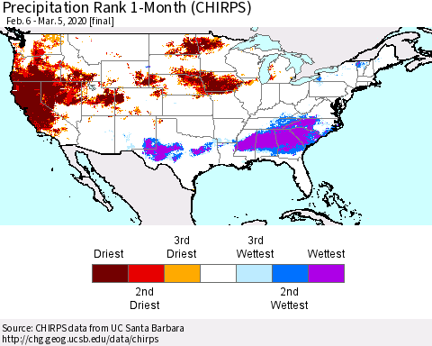 United States Precipitation Rank 1-Month (CHIRPS) Thematic Map For 2/6/2020 - 3/5/2020