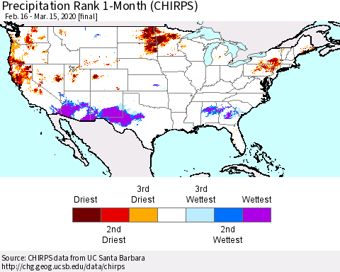 United States Precipitation Rank 1-Month (CHIRPS) Thematic Map For 2/16/2020 - 3/15/2020