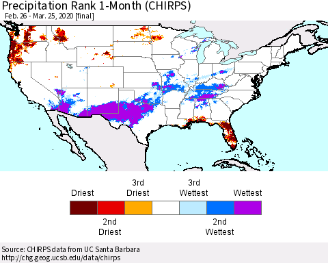 United States Precipitation Rank since 1981, 1-Month (CHIRPS) Thematic Map For 2/26/2020 - 3/25/2020