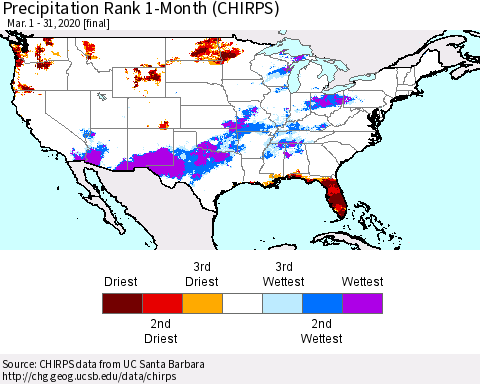 United States Precipitation Rank since 1981, 1-Month (CHIRPS) Thematic Map For 3/1/2020 - 3/31/2020