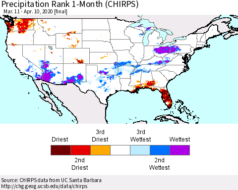 United States Precipitation Rank since 1981, 1-Month (CHIRPS) Thematic Map For 3/11/2020 - 4/10/2020