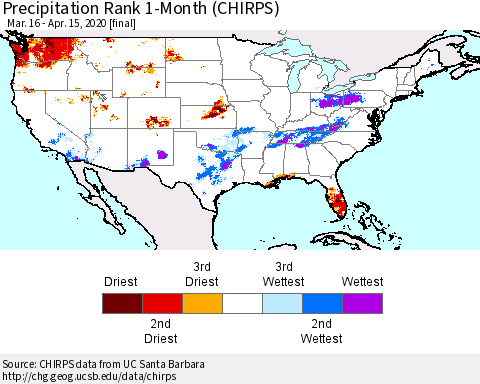United States Precipitation Rank since 1981, 1-Month (CHIRPS) Thematic Map For 3/16/2020 - 4/15/2020