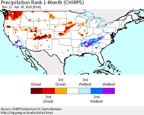 United States Precipitation Rank since 1981, 1-Month (CHIRPS) Thematic Map For 3/21/2020 - 4/20/2020