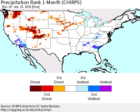 United States Precipitation Rank 1-Month (CHIRPS) Thematic Map For 3/26/2020 - 4/25/2020