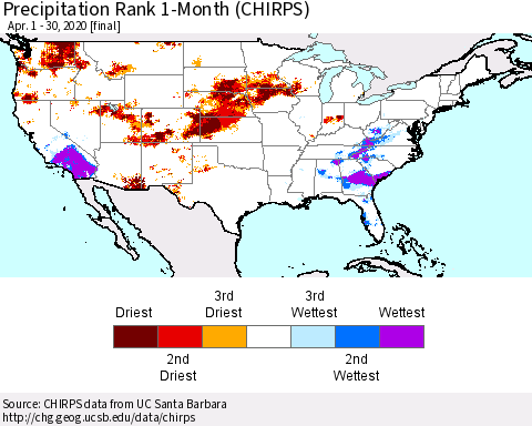 United States Precipitation Rank since 1981, 1-Month (CHIRPS) Thematic Map For 4/1/2020 - 4/30/2020