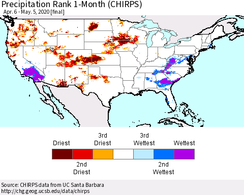 United States Precipitation Rank since 1981, 1-Month (CHIRPS) Thematic Map For 4/6/2020 - 5/5/2020