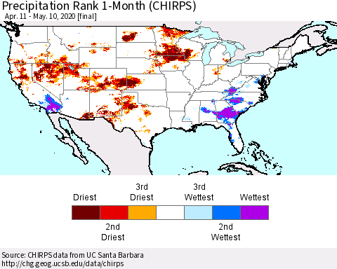 United States Precipitation Rank since 1981, 1-Month (CHIRPS) Thematic Map For 4/11/2020 - 5/10/2020