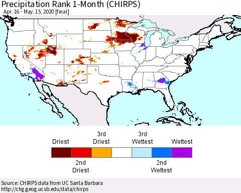United States Precipitation Rank since 1981, 1-Month (CHIRPS) Thematic Map For 4/16/2020 - 5/15/2020