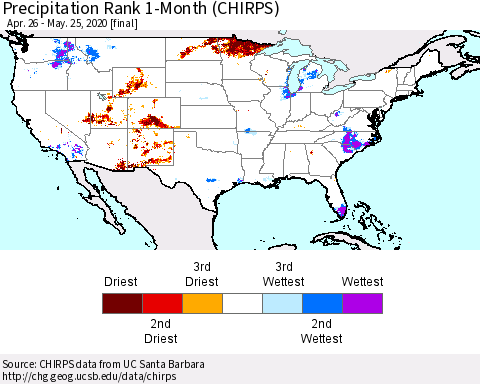 United States Precipitation Rank 1-Month (CHIRPS) Thematic Map For 4/26/2020 - 5/25/2020