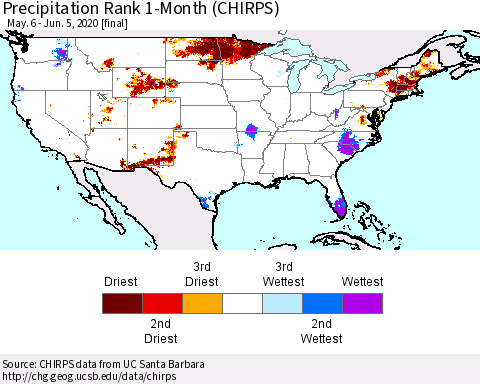 United States Precipitation Rank since 1981, 1-Month (CHIRPS) Thematic Map For 5/6/2020 - 6/5/2020