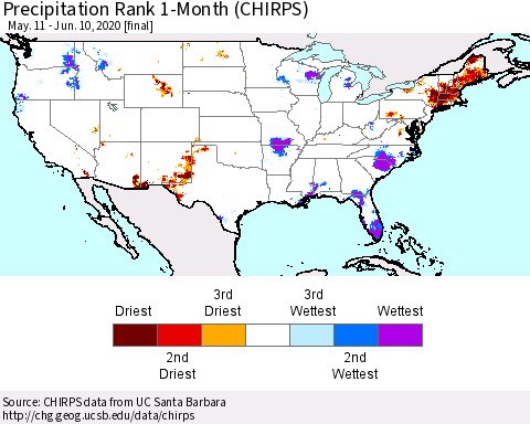 United States Precipitation Rank 1-Month (CHIRPS) Thematic Map For 5/11/2020 - 6/10/2020