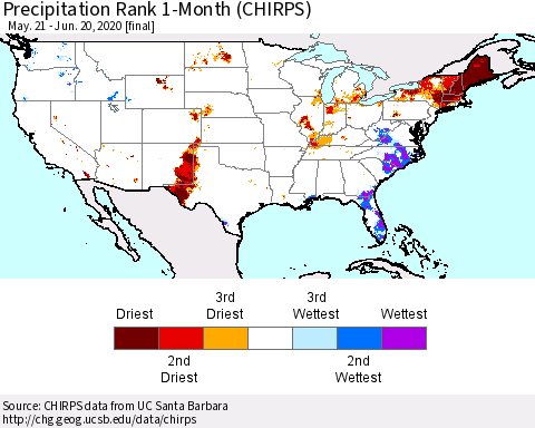 United States Precipitation Rank since 1981, 1-Month (CHIRPS) Thematic Map For 5/21/2020 - 6/20/2020