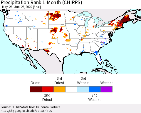 United States Precipitation Rank since 1981, 1-Month (CHIRPS) Thematic Map For 5/26/2020 - 6/25/2020