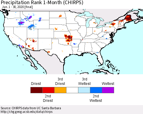 United States Precipitation Rank 1-Month (CHIRPS) Thematic Map For 6/1/2020 - 6/30/2020