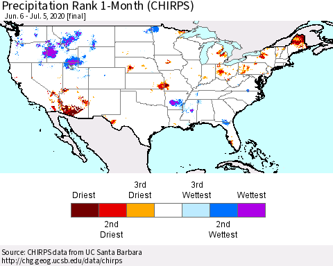 United States Precipitation Rank since 1981, 1-Month (CHIRPS) Thematic Map For 6/6/2020 - 7/5/2020