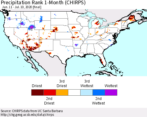 United States Precipitation Rank since 1981, 1-Month (CHIRPS) Thematic Map For 6/11/2020 - 7/10/2020