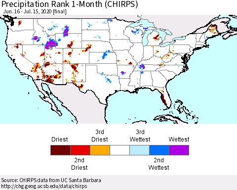 United States Precipitation Rank 1-Month (CHIRPS) Thematic Map For 6/16/2020 - 7/15/2020
