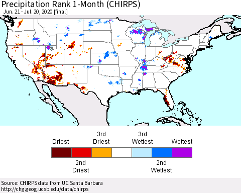 United States Precipitation Rank 1-Month (CHIRPS) Thematic Map For 6/21/2020 - 7/20/2020