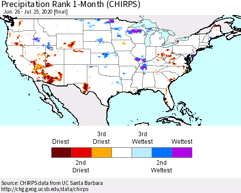 United States Precipitation Rank 1-Month (CHIRPS) Thematic Map For 6/26/2020 - 7/25/2020