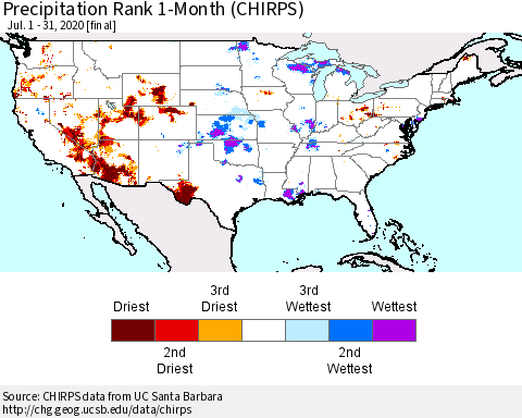 United States Precipitation Rank since 1981, 1-Month (CHIRPS) Thematic Map For 7/1/2020 - 7/31/2020