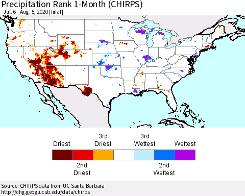 United States Precipitation Rank since 1981, 1-Month (CHIRPS) Thematic Map For 7/6/2020 - 8/5/2020