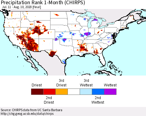 United States Precipitation Rank since 1981, 1-Month (CHIRPS) Thematic Map For 7/11/2020 - 8/10/2020