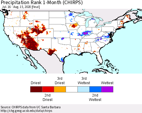 United States Precipitation Rank since 1981, 1-Month (CHIRPS) Thematic Map For 7/16/2020 - 8/15/2020