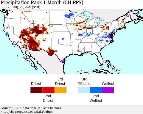 United States Precipitation Rank since 1981, 1-Month (CHIRPS) Thematic Map For 7/21/2020 - 8/20/2020