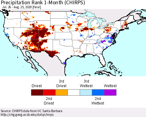 United States Precipitation Rank 1-Month (CHIRPS) Thematic Map For 7/26/2020 - 8/25/2020