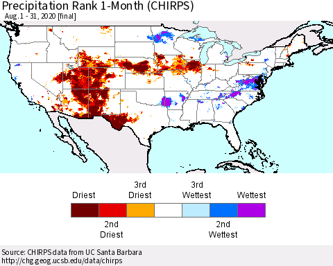 United States Precipitation Rank since 1981, 1-Month (CHIRPS) Thematic Map For 8/1/2020 - 8/31/2020