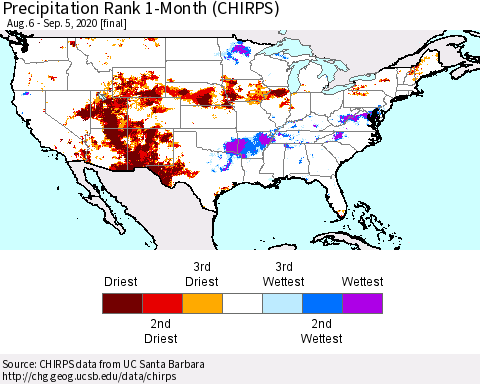 United States Precipitation Rank since 1981, 1-Month (CHIRPS) Thematic Map For 8/6/2020 - 9/5/2020